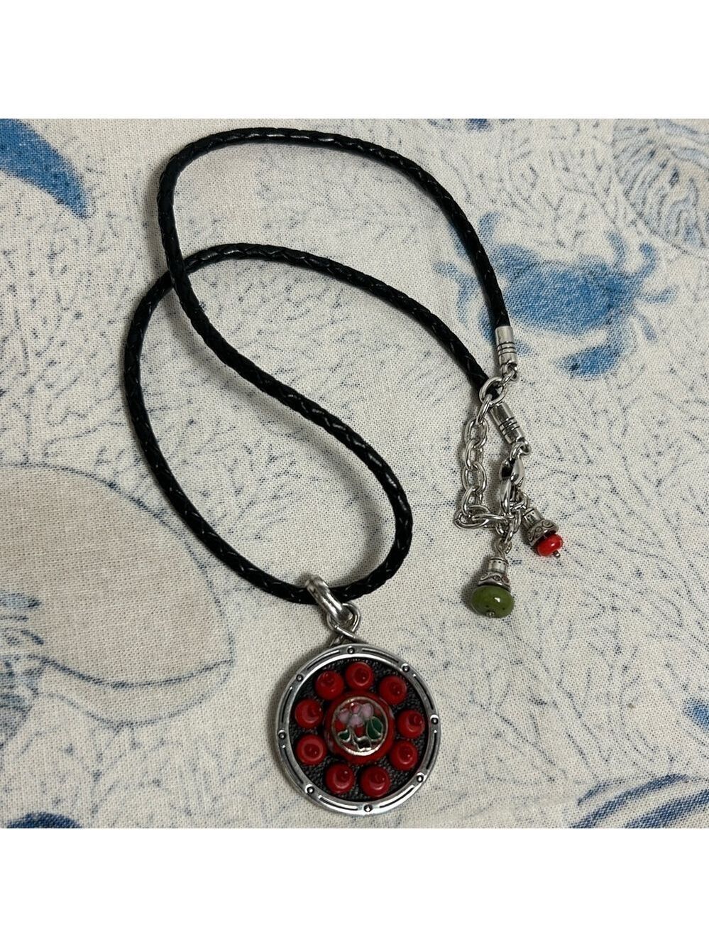 Brighton Pagoda Necklace Leather Cord Chain Silver Plated Red Green Medallion - Picture 12 of 13